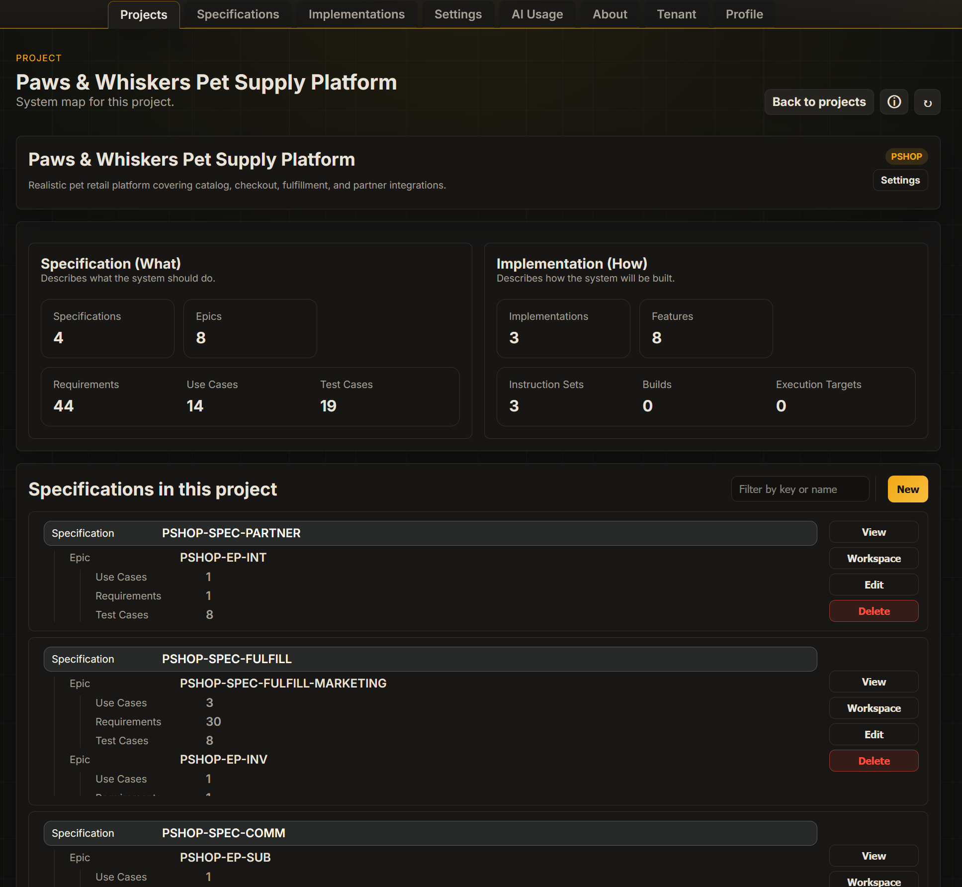 AIKOZO specification workspace showing structured project, epic, and artifact context