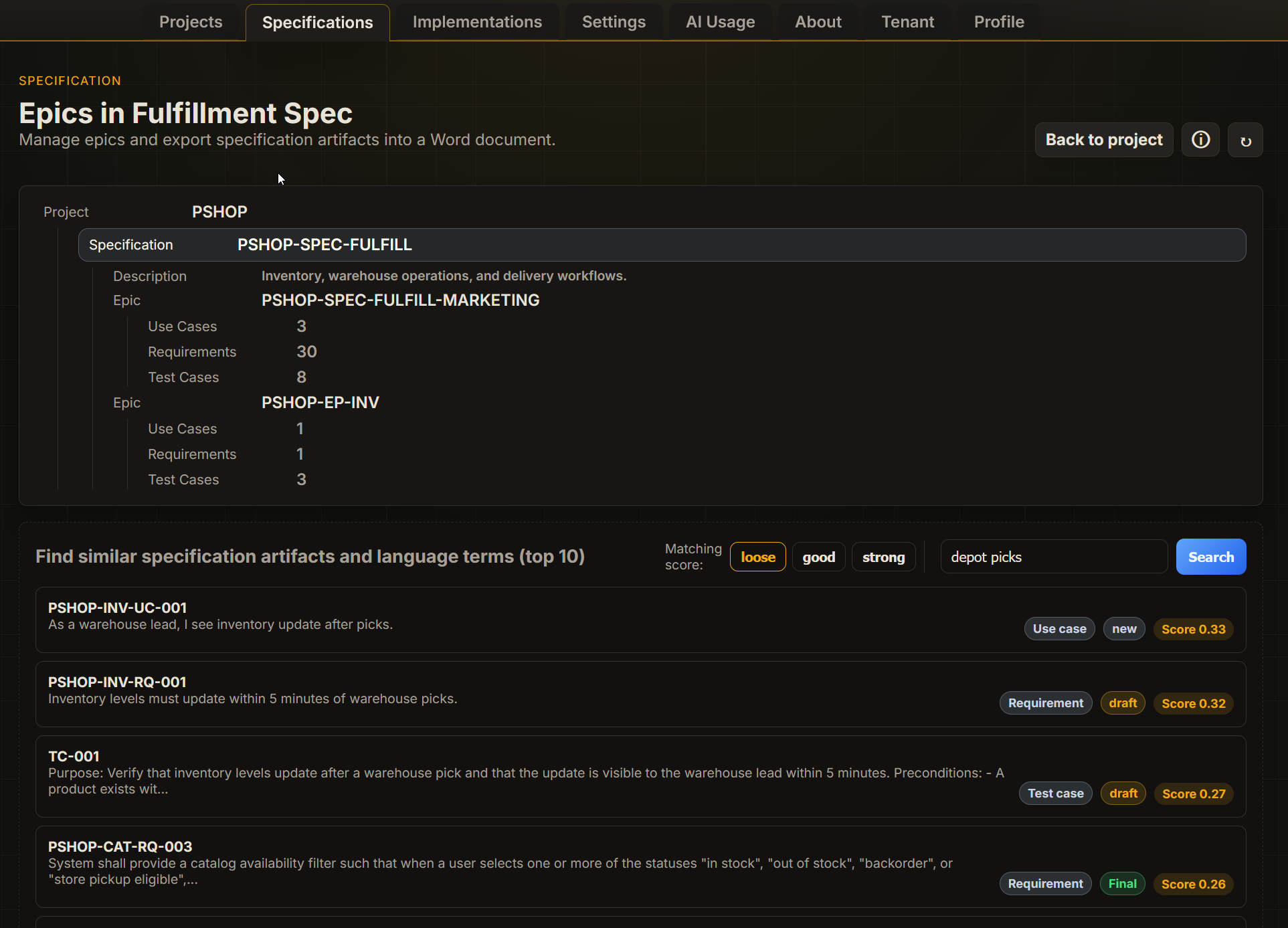 AIKOZO semantic search showing related requirements, use cases, and test cases