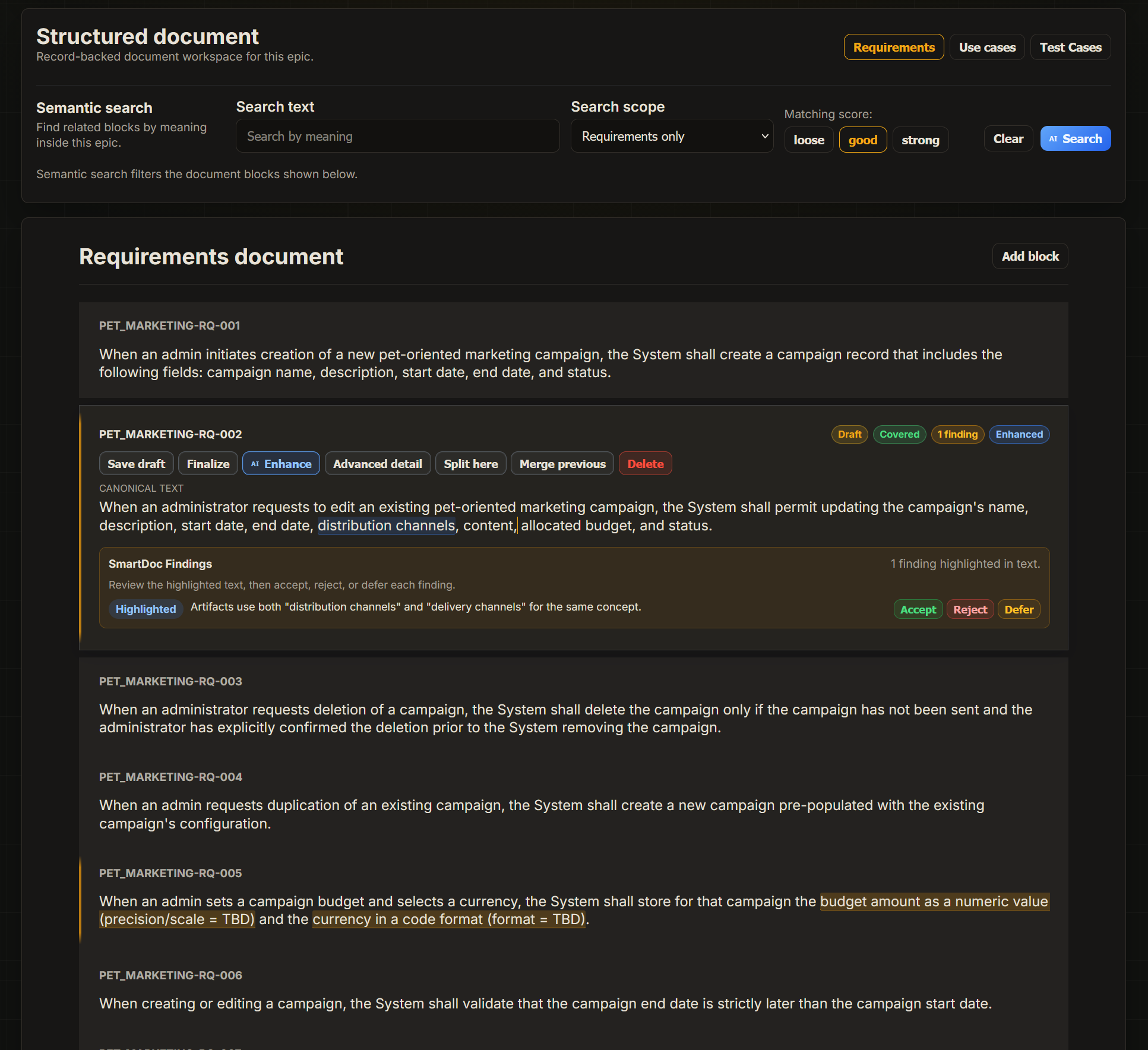 AIKOZO SmartDoc editor showing requirements, use cases, and test cases in a continuous document
